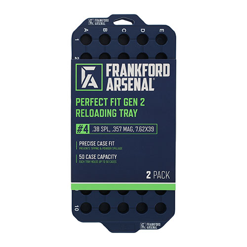 Maximise reloading efficiency with Frankford Arsenal's Perfect Fit Gen 2 Reloading Trays, securely holding 50 cases each, ensuring stability and organisation.